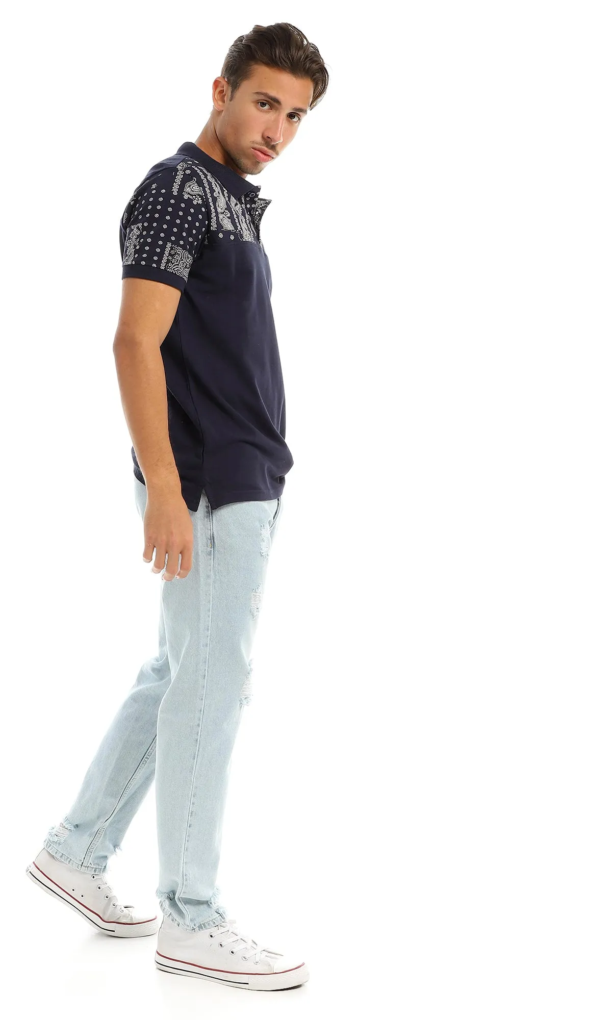 97721 Paisley Pattern Classic Collar Navy Blue Polo Shirt