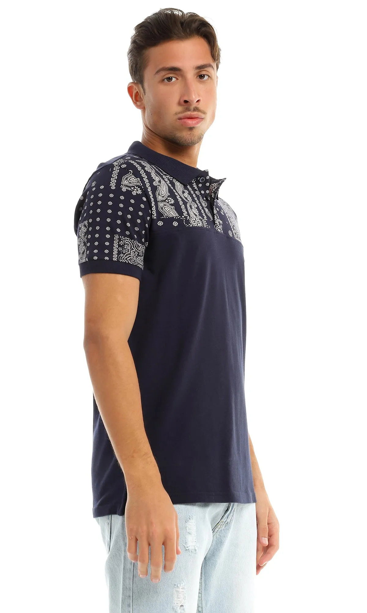 97721 Paisley Pattern Classic Collar Navy Blue Polo Shirt