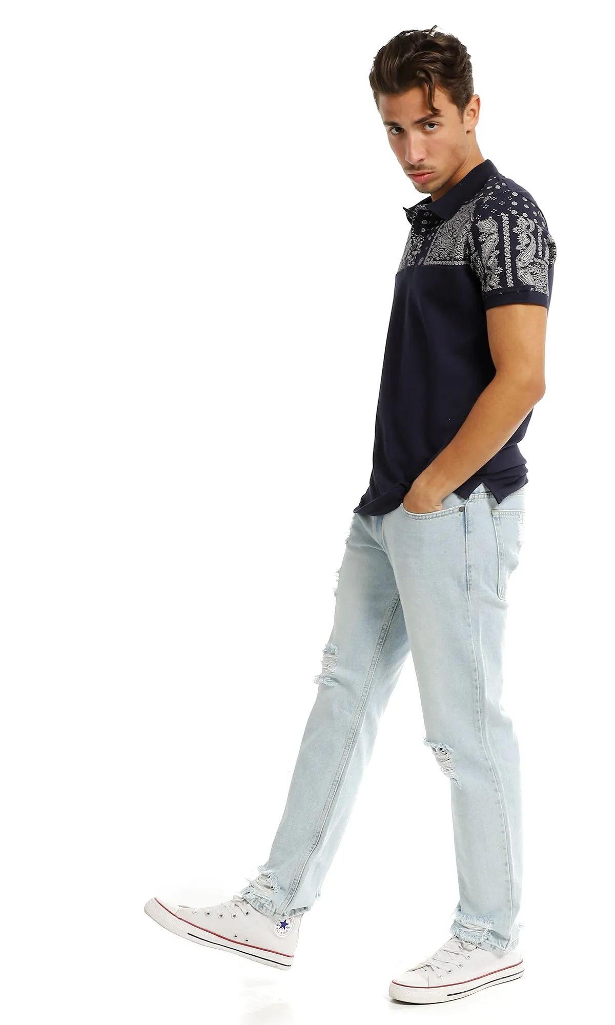 97721 Paisley Pattern Classic Collar Navy Blue Polo Shirt