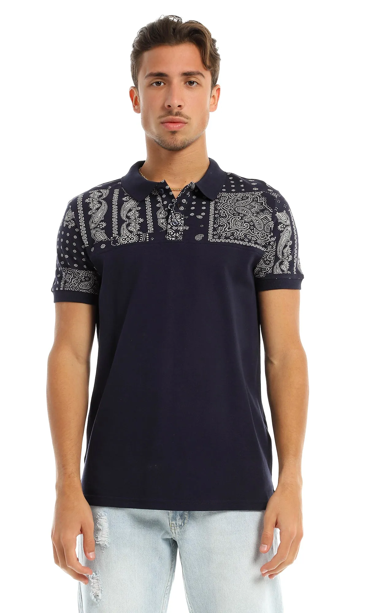 97721 Paisley Pattern Classic Collar Navy Blue Polo Shirt