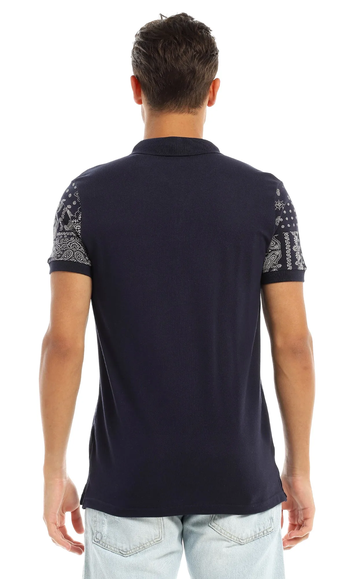 97721 Paisley Pattern Classic Collar Navy Blue Polo Shirt