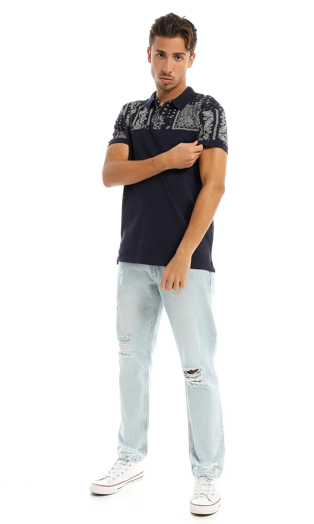 97721 Paisley Pattern Classic Collar Navy Blue Polo Shirt