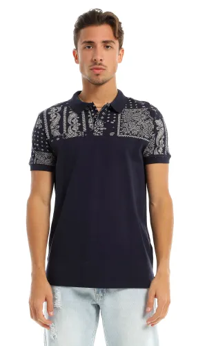 97721 Paisley Pattern Classic Collar Navy Blue Polo Shirt
