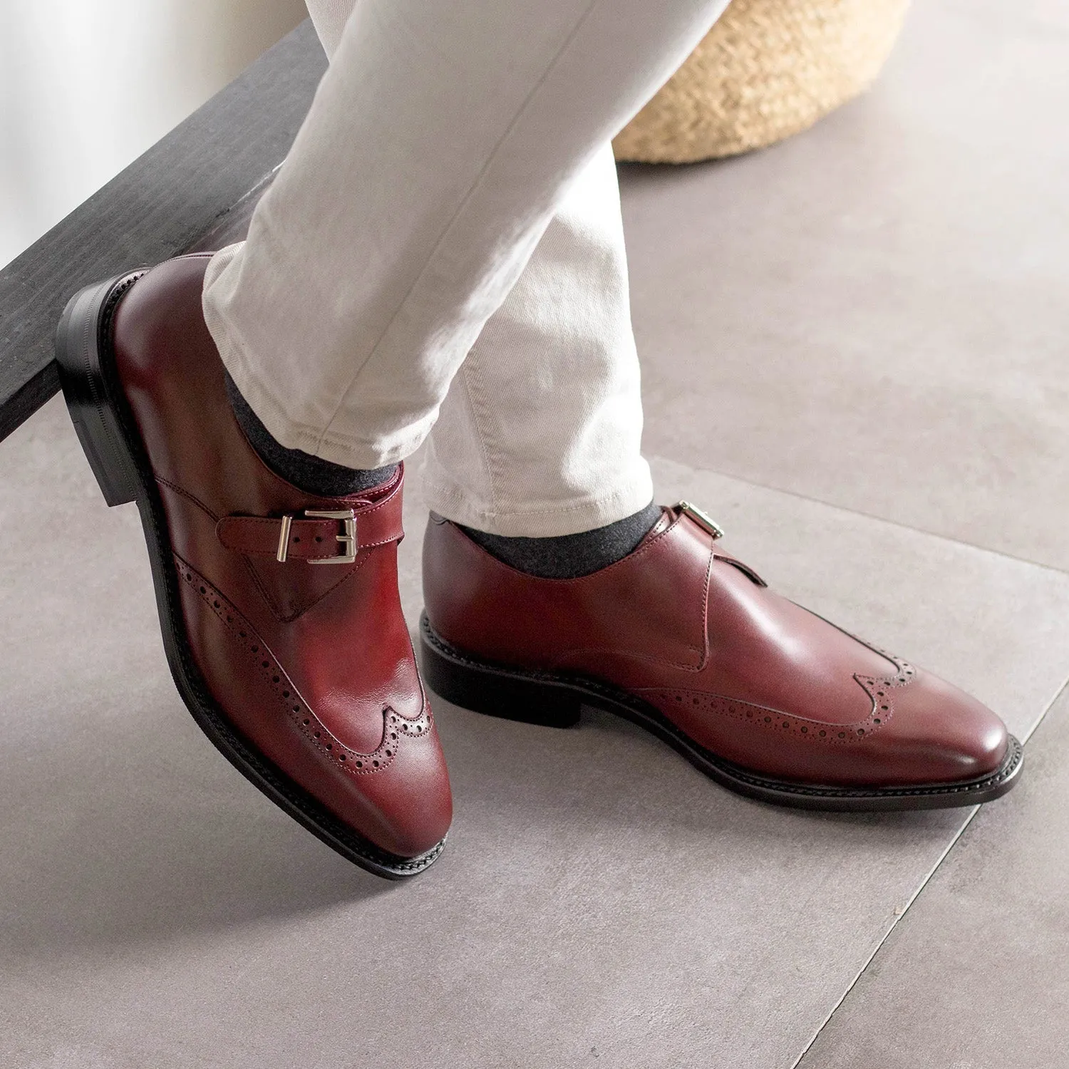 Ambrogio Bespoke Men's Shoes Burgundy Calf-Skin Leather Single Monk-Strap Loafers (AMB2478)