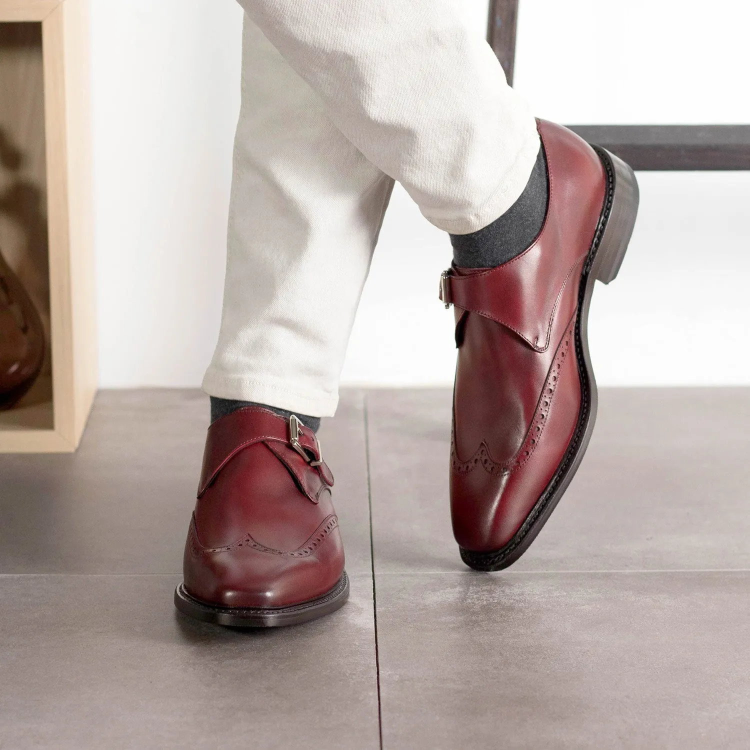 Ambrogio Bespoke Men's Shoes Burgundy Calf-Skin Leather Single Monk-Strap Loafers (AMB2478)