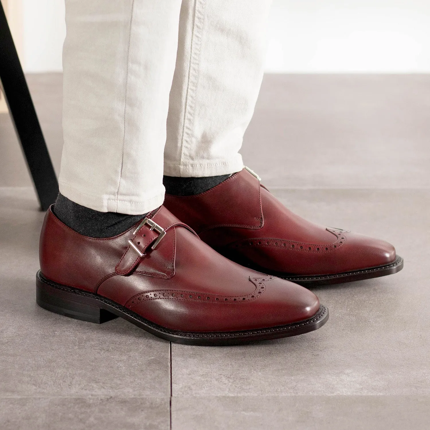 Ambrogio Bespoke Men's Shoes Burgundy Calf-Skin Leather Single Monk-Strap Loafers (AMB2478)