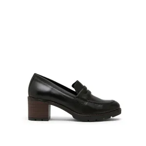 Black Leather Mid Heel Loafers