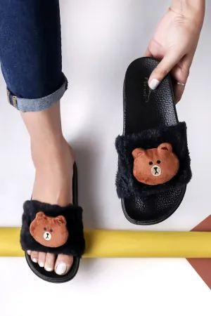 Brauch Women's Black Fur Bear Slides