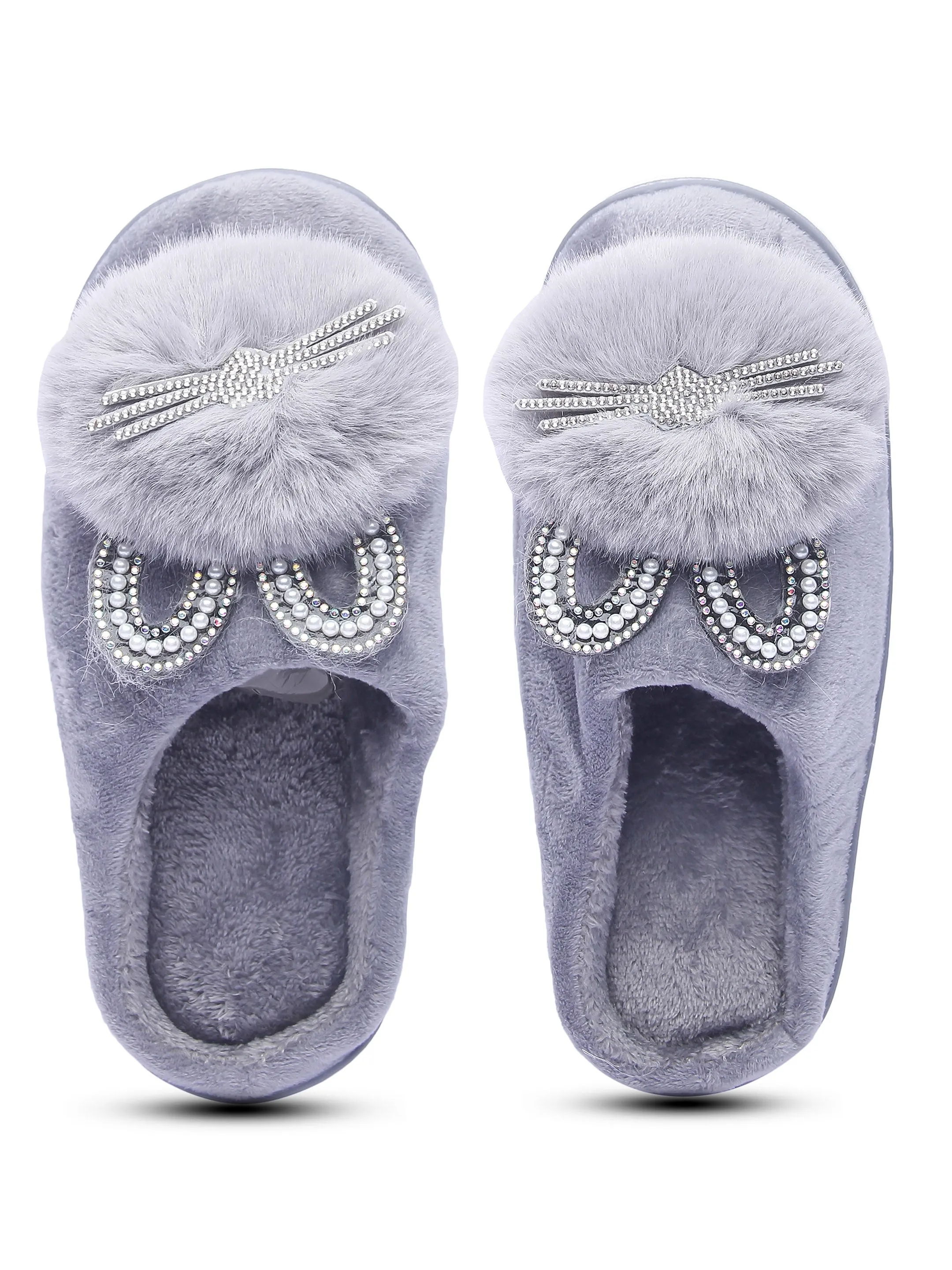 Brauch Women's Grey Pearl Glitter Kitty Winter Slippers