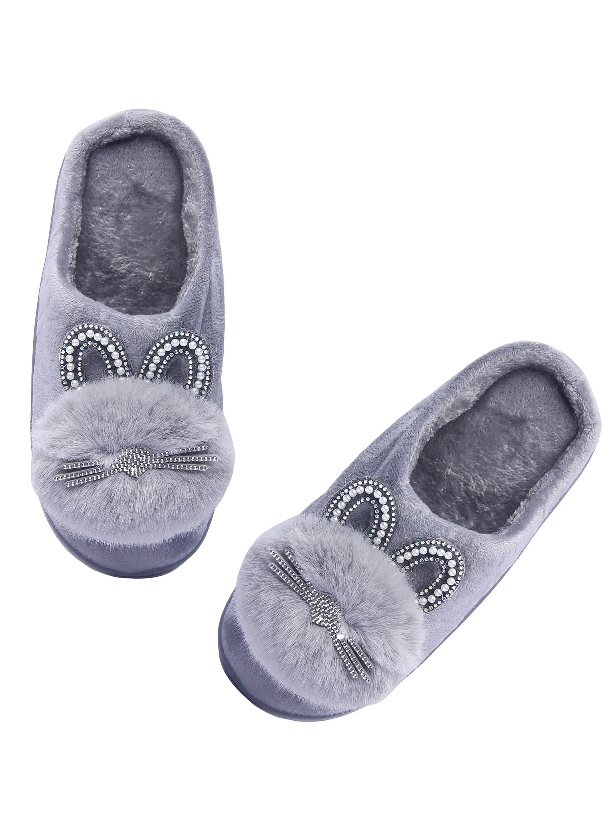 Brauch Women's Grey Pearl Glitter Kitty Winter Slippers