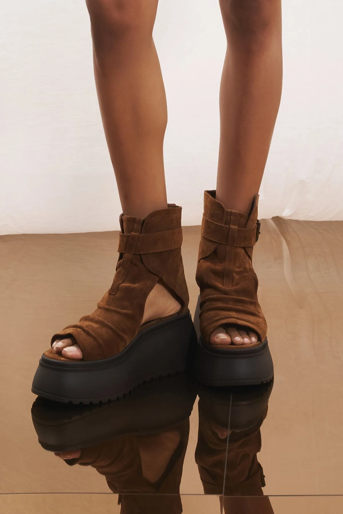 Brown Buckled Platform Suede Sandals Cross