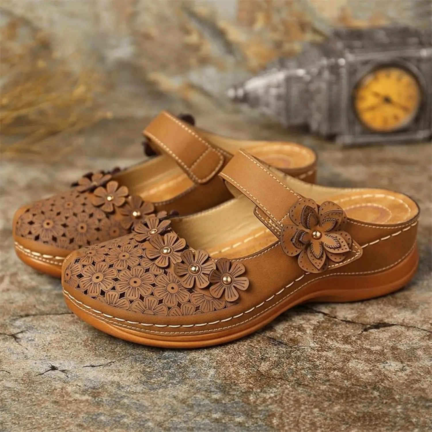 Clogs for Women Mule Sandals Comfortable Summer Flowers Platform Orthopedic Sandals, Round Toe Closed Toe Walking Slippers Hollow Out Breathable Ankle Strap Walking Shoes