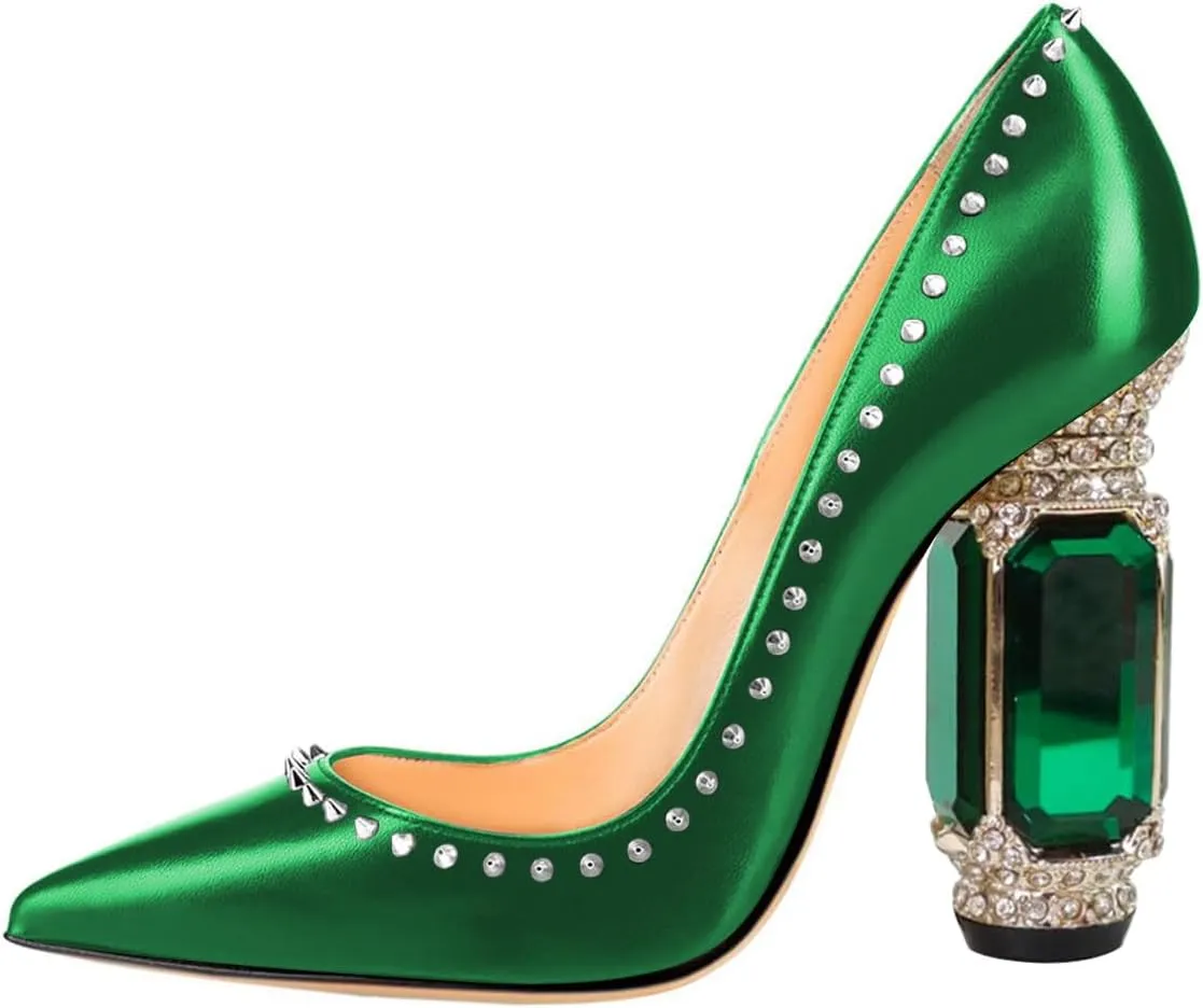 FSJ Women Bridal Pointed Toe Chunky Block High Heel Crystal Pumps Slip on Wedding Thick Comfort Evening Dress Studded Rivets Shoes Size 4-16 US