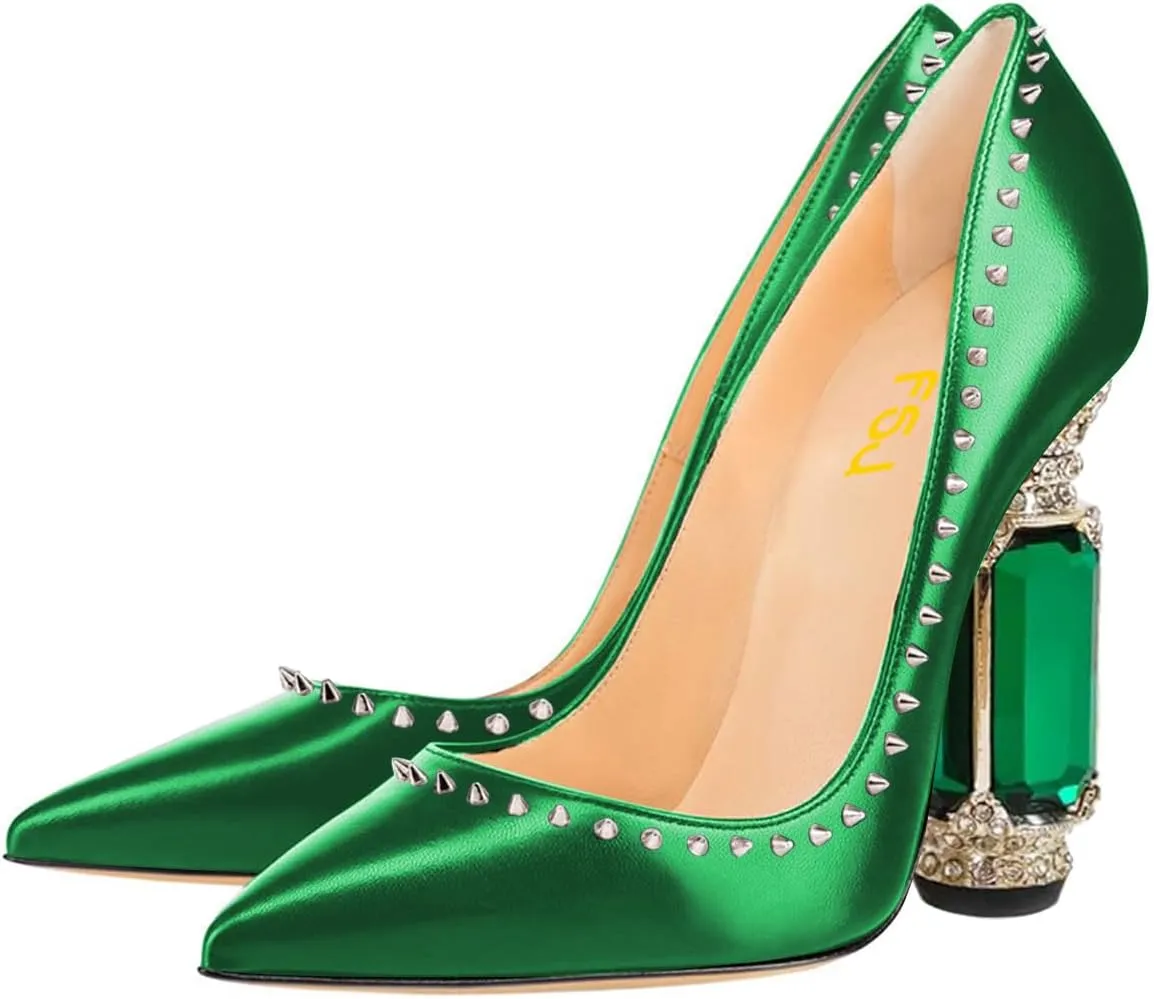 FSJ Women Bridal Pointed Toe Chunky Block High Heel Crystal Pumps Slip on Wedding Thick Comfort Evening Dress Studded Rivets Shoes Size 4-16 US