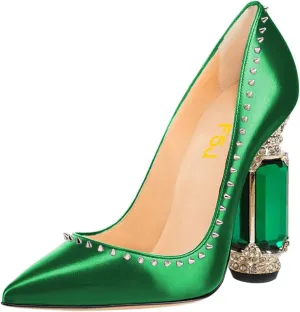 FSJ Women Bridal Pointed Toe Chunky Block High Heel Crystal Pumps Slip on Wedding Thick Comfort Evening Dress Studded Rivets Shoes Size 4-16 US