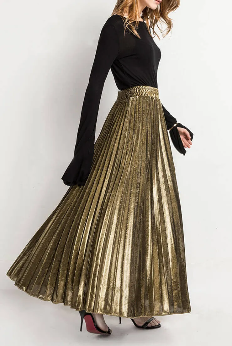 Golden Pleated High Waist Skirt