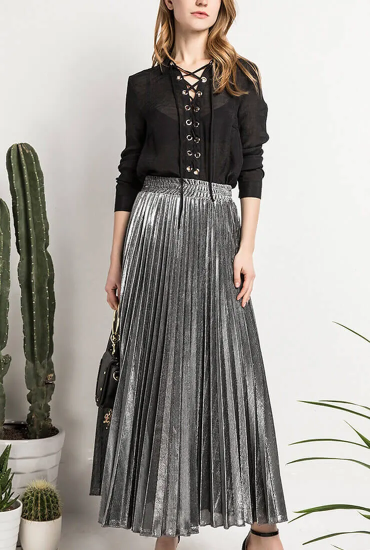 Golden Pleated High Waist Skirt