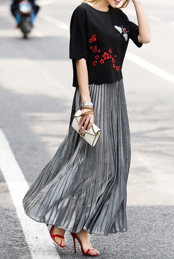 Golden Pleated High Waist Skirt