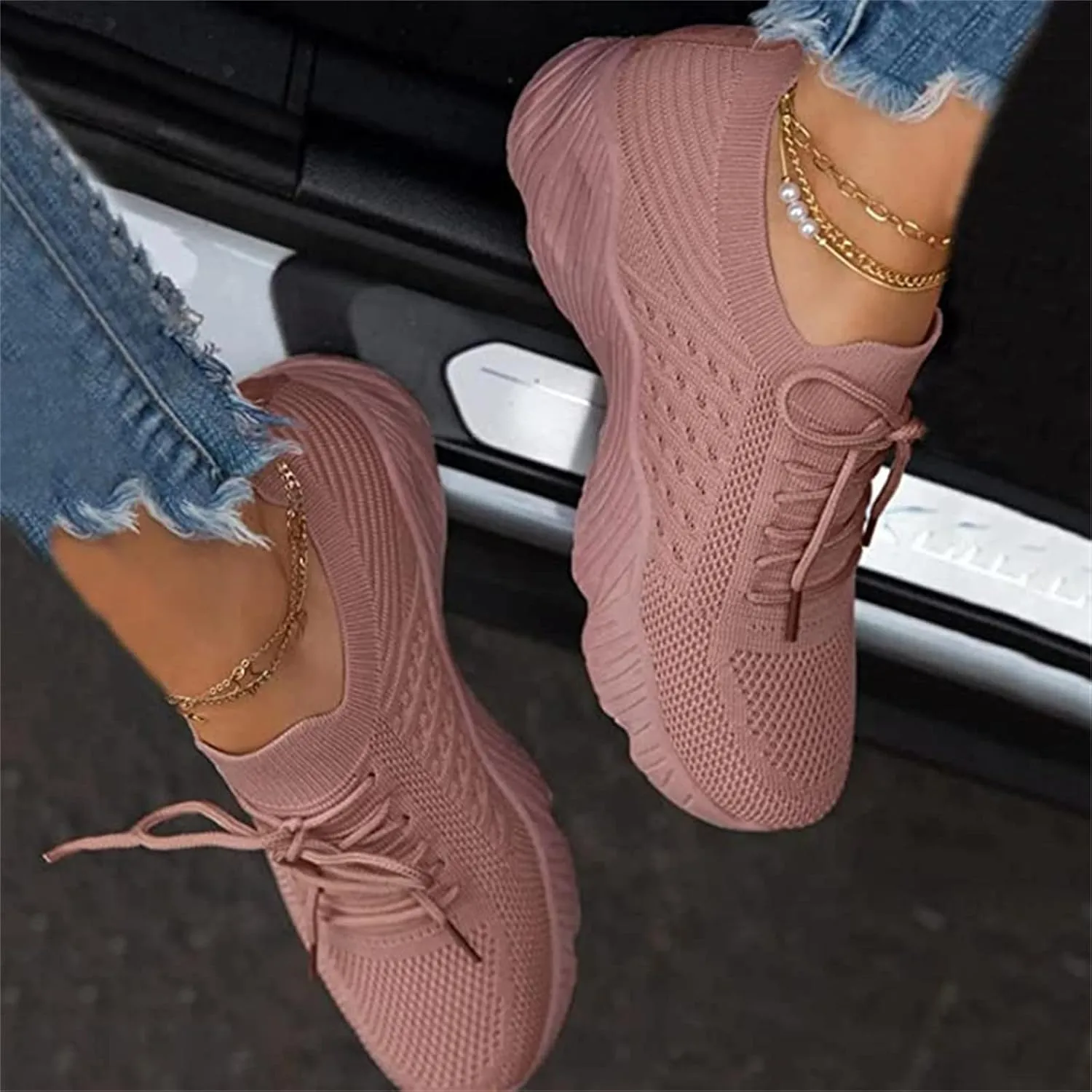 Ladmiple Womens Tennis Shoes Walking Casual Sneakers Knitted Mesh Lightweight Comfortable Slip Resistant Slip on Loafers