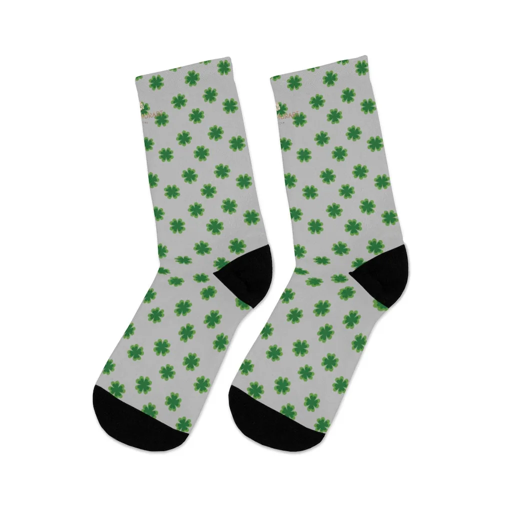 Light Gray Socks, Green St. Patrick's Day Clover Print Unisex One Size Socks- Printed in USA