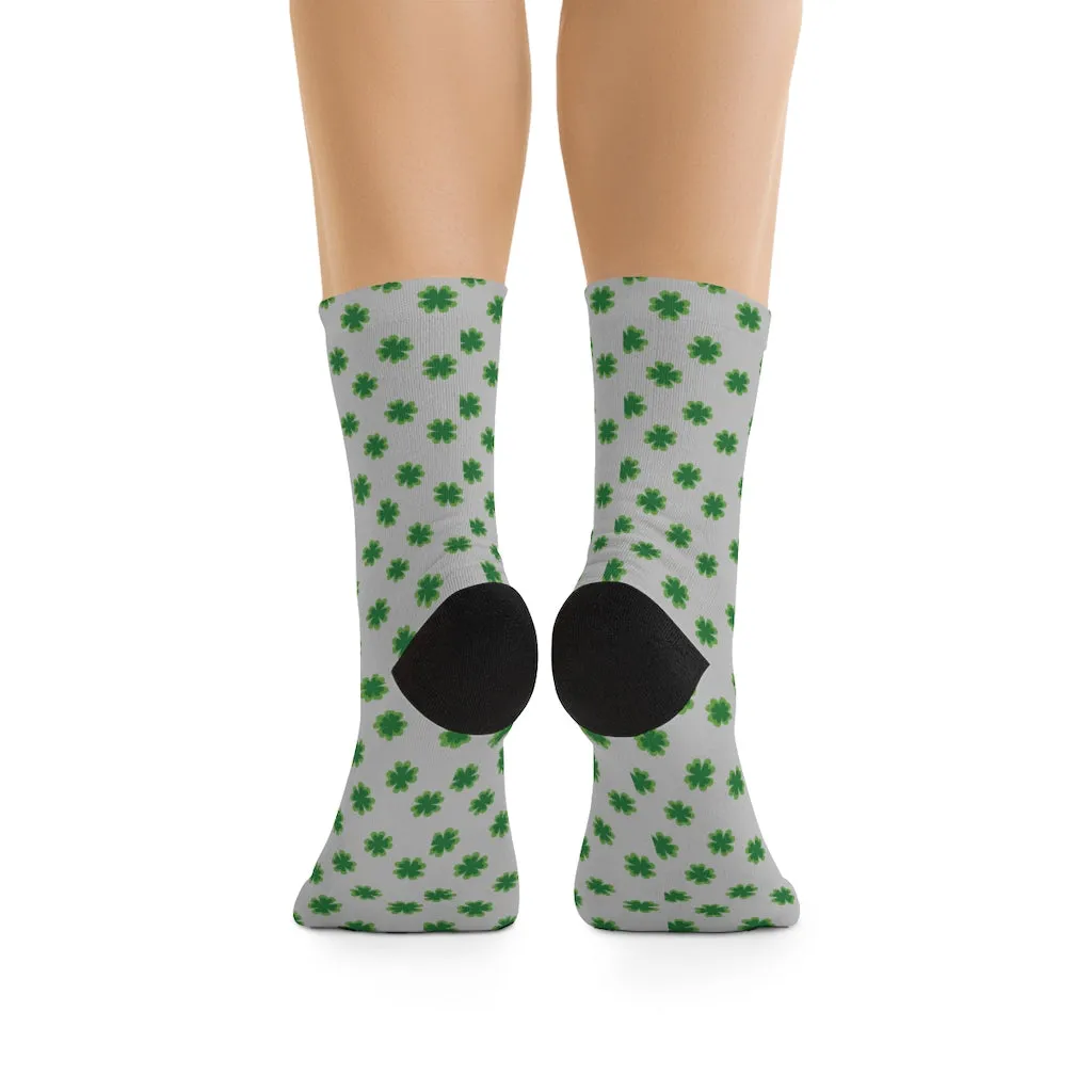 Light Gray Socks, Green St. Patrick's Day Clover Print Unisex One Size Socks- Printed in USA
