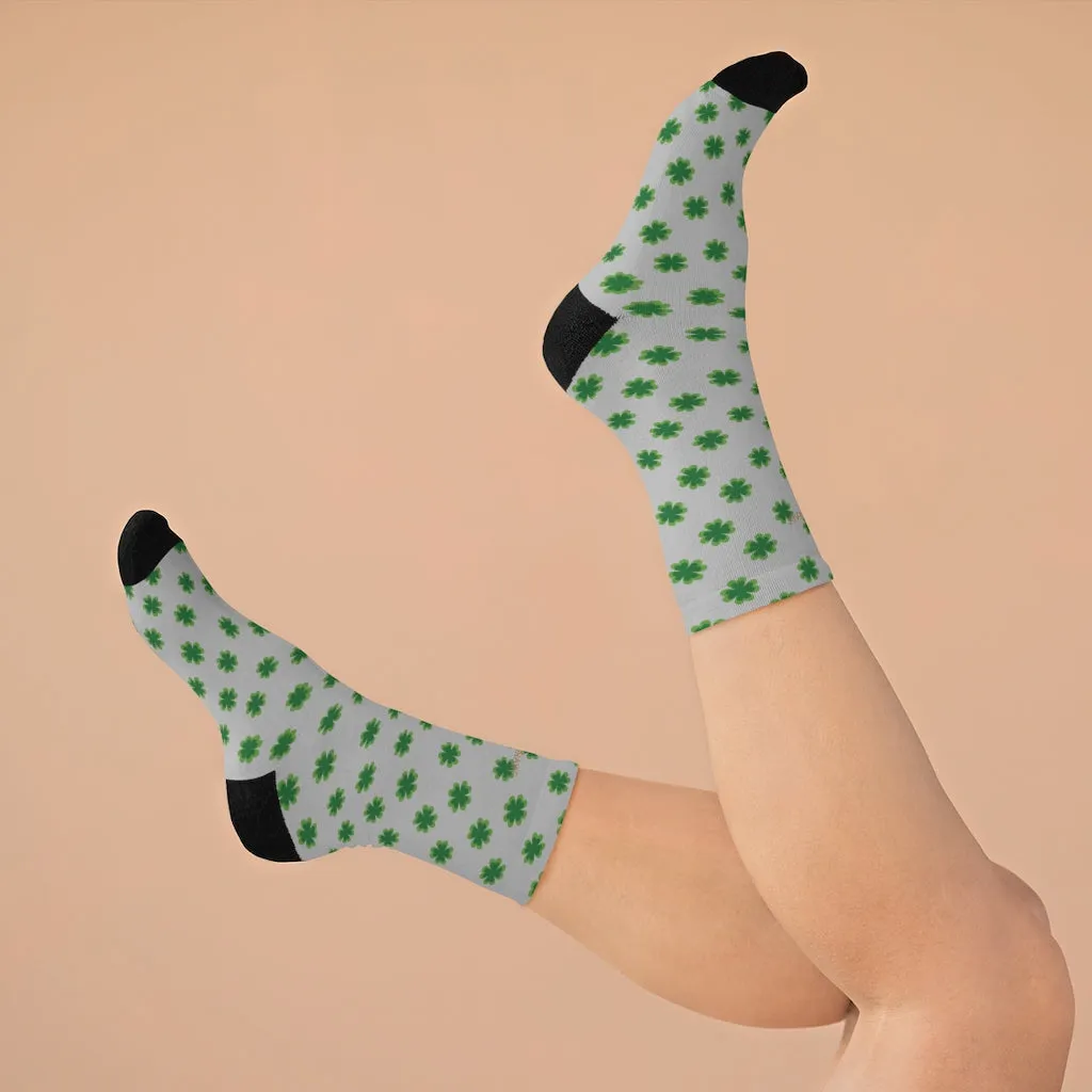 Light Gray Socks, Green St. Patrick's Day Clover Print Unisex One Size Socks- Printed in USA
