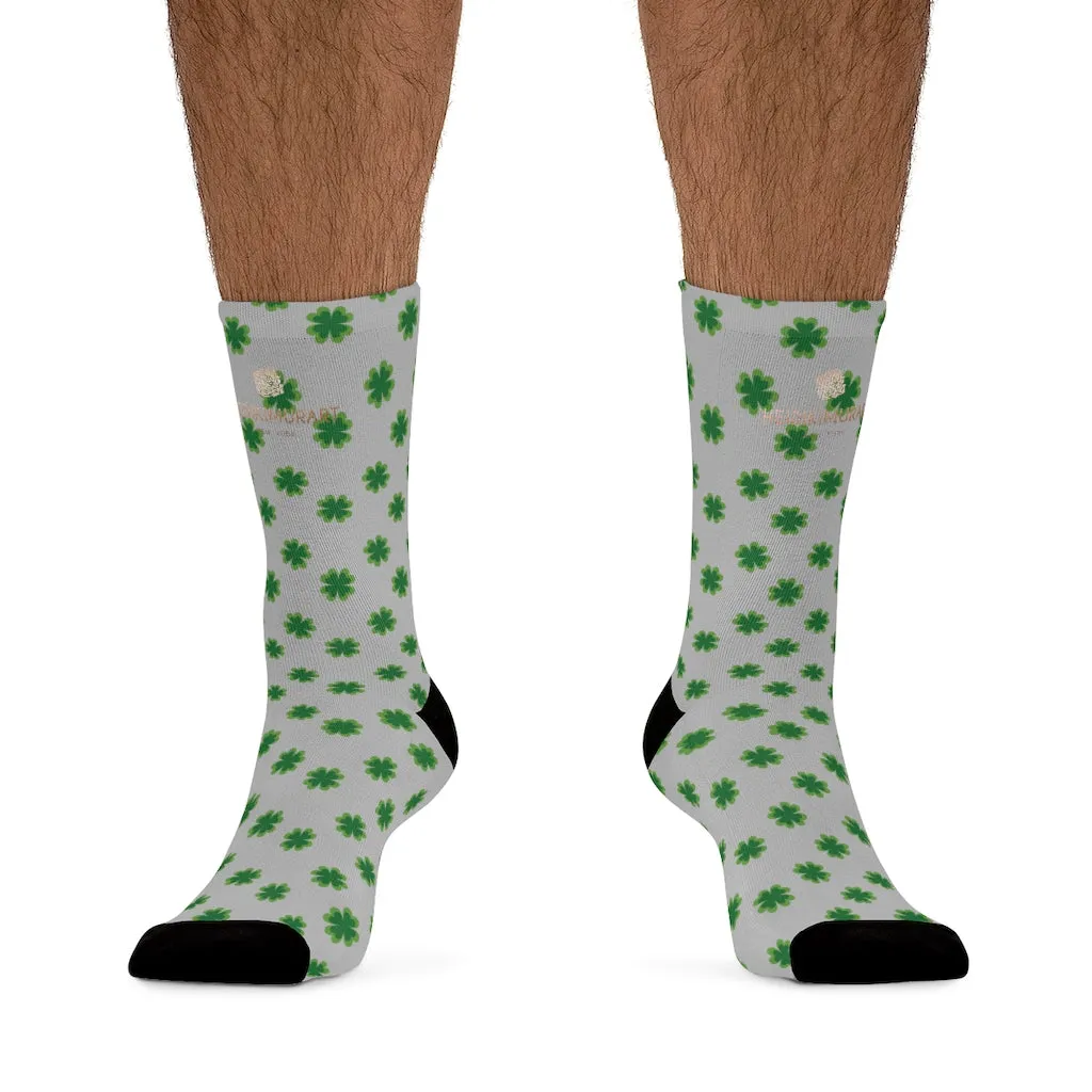 Light Gray Socks, Green St. Patrick's Day Clover Print Unisex One Size Socks- Printed in USA