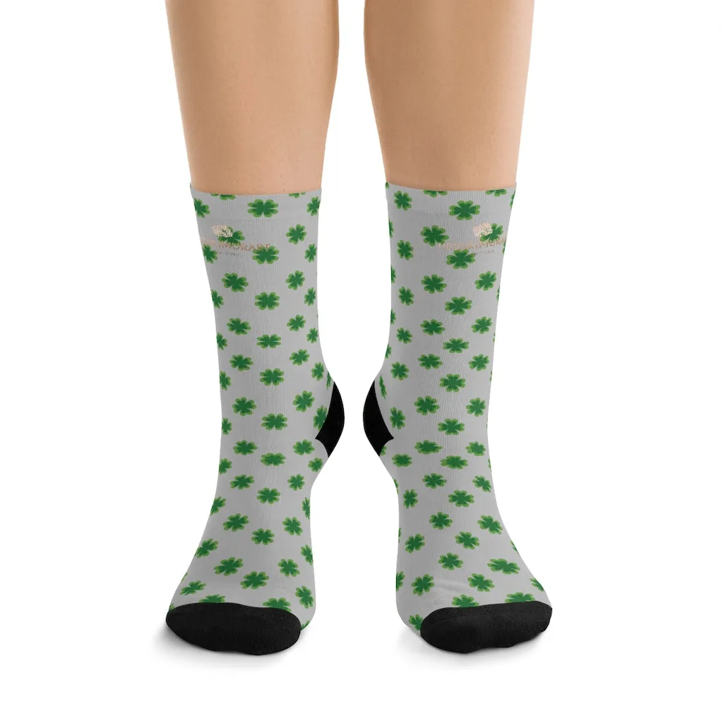 Light Gray Socks, Green St. Patrick's Day Clover Print Unisex One Size Socks- Printed in USA