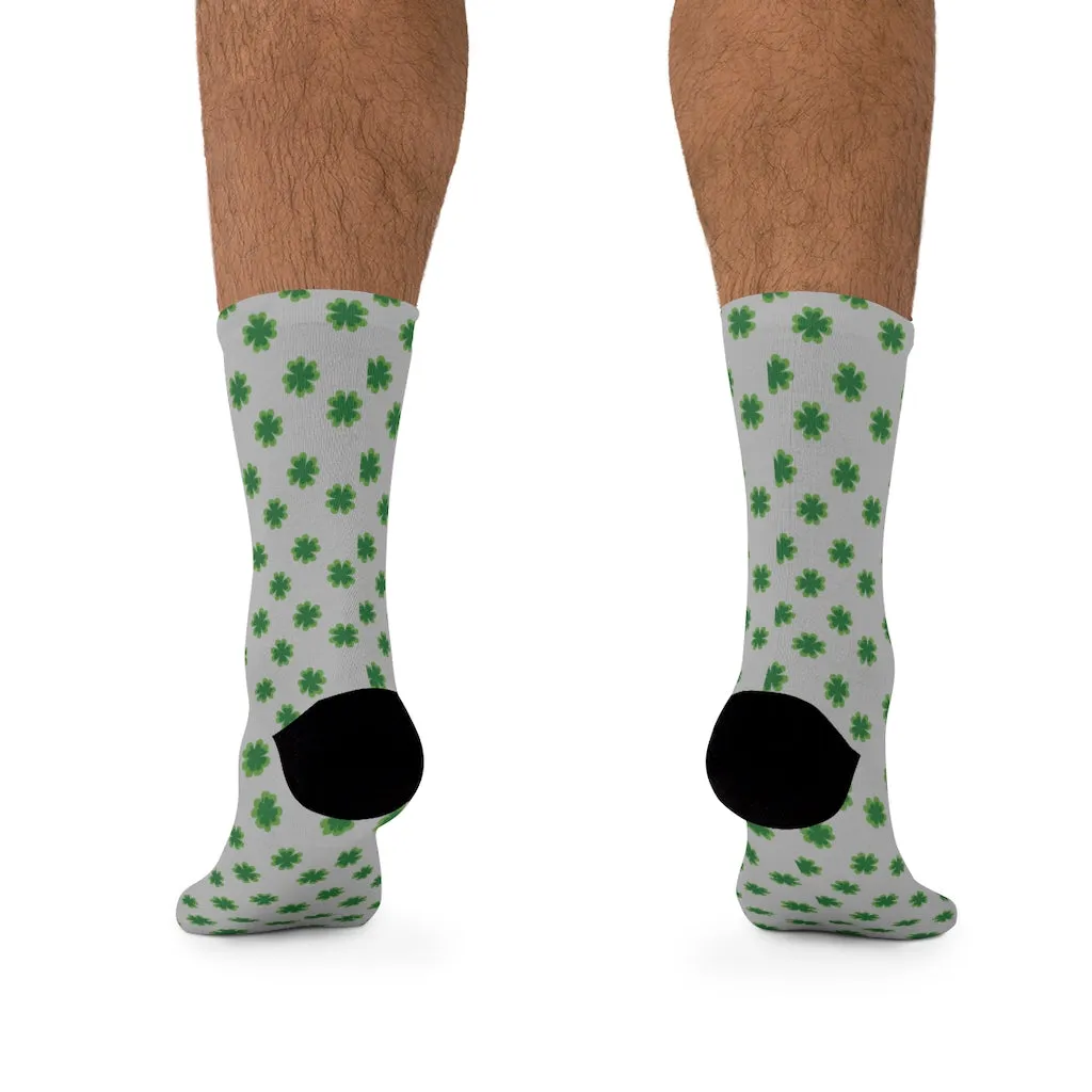 Light Gray Socks, Green St. Patrick's Day Clover Print Unisex One Size Socks- Printed in USA