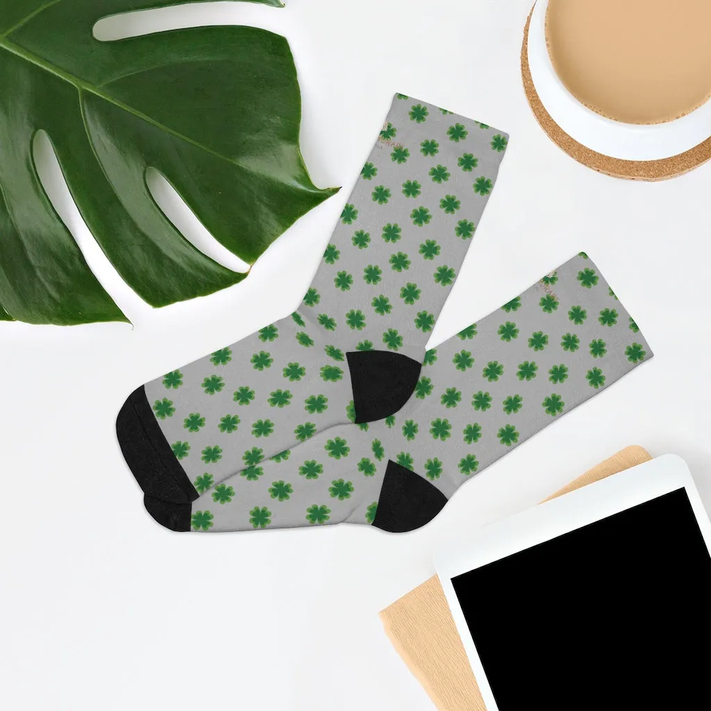 Light Gray Socks, Green St. Patrick's Day Clover Print Unisex One Size Socks- Printed in USA