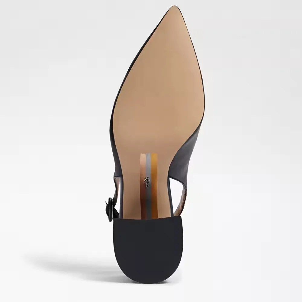 Sam Edelman Petra Black Leather Pointed Toe Block Heel Slingback Fashion Pumps