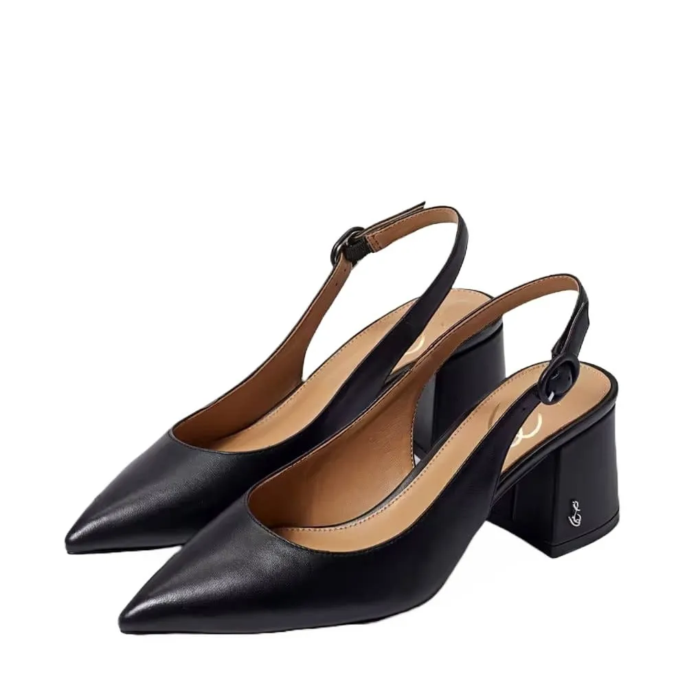 Sam Edelman Petra Black Leather Pointed Toe Block Heel Slingback Fashion Pumps