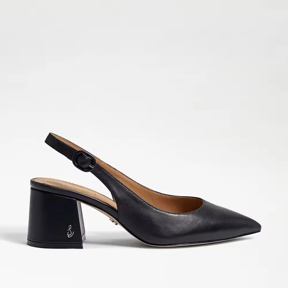 Sam Edelman Petra Black Leather Pointed Toe Block Heel Slingback Fashion Pumps