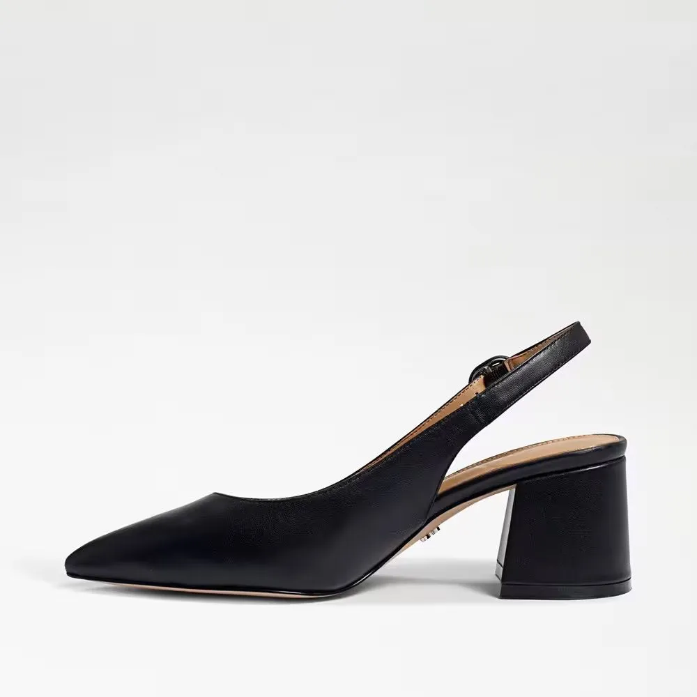Sam Edelman Petra Black Leather Pointed Toe Block Heel Slingback Fashion Pumps