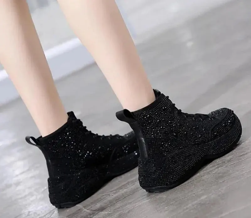 Shiny Rhinestone Thick Sole Ankle Boots - Women's Short Autumn/Winter Booties