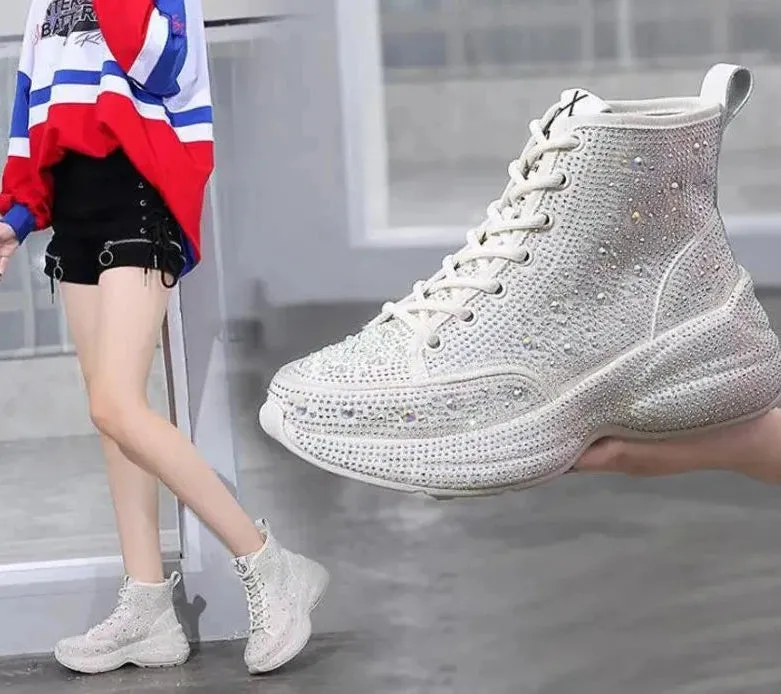Shiny Rhinestone Thick Sole Ankle Boots - Women's Short Autumn/Winter Booties