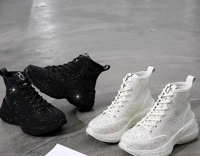 Shiny Rhinestone Thick Sole Ankle Boots - Women's Short Autumn/Winter Booties