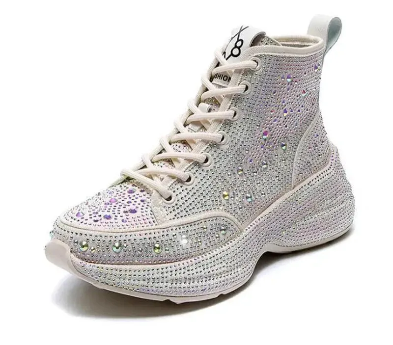 Shiny Rhinestone Thick Sole Ankle Boots - Women's Short Autumn/Winter Booties