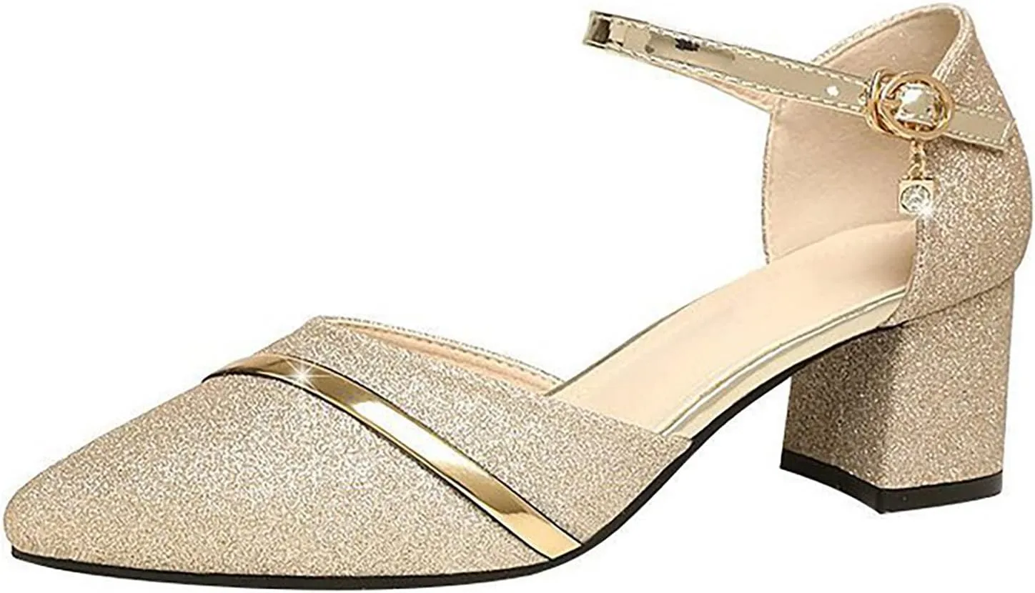 Womens Chunky Heel Sandals Open Toe Ankle Strap Strappy Heels Comfortable Wedding Party Shoes