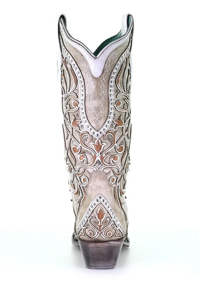 Women's Corral A3837 13" White Overlay & Embroidery with Studs & Crystals Snip Toe (SHOP IN-STORE TOO)