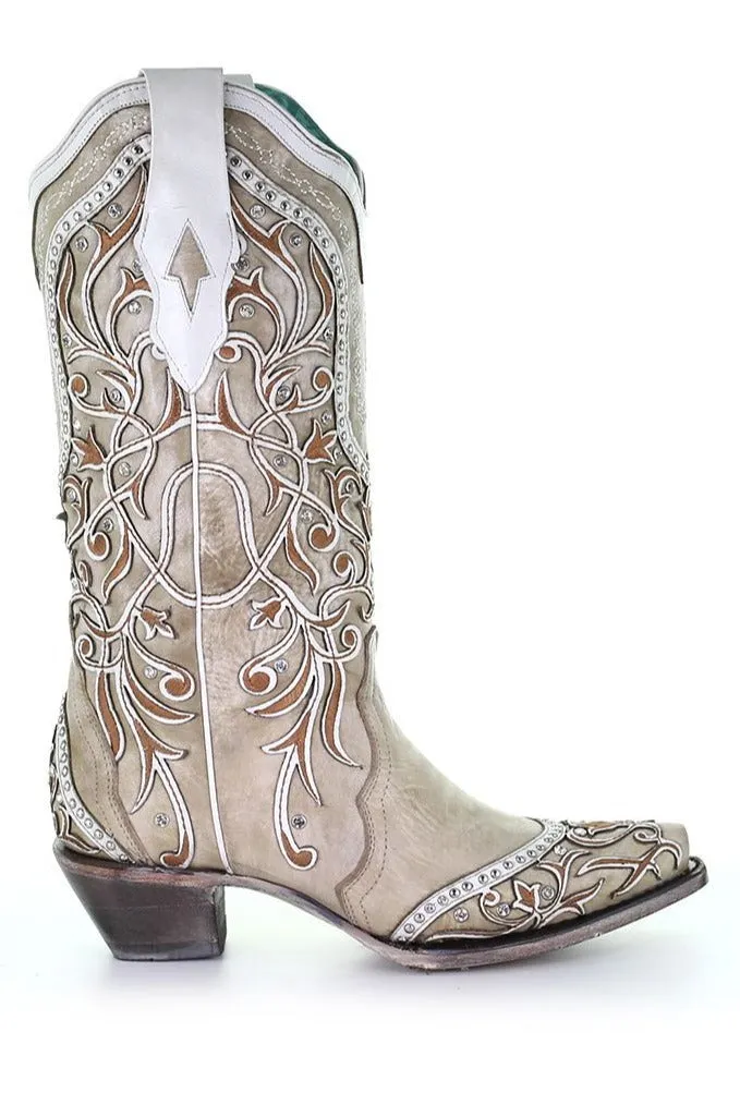 Women's Corral A3837 13" White Overlay & Embroidery with Studs & Crystals Snip Toe (SHOP IN-STORE TOO)
