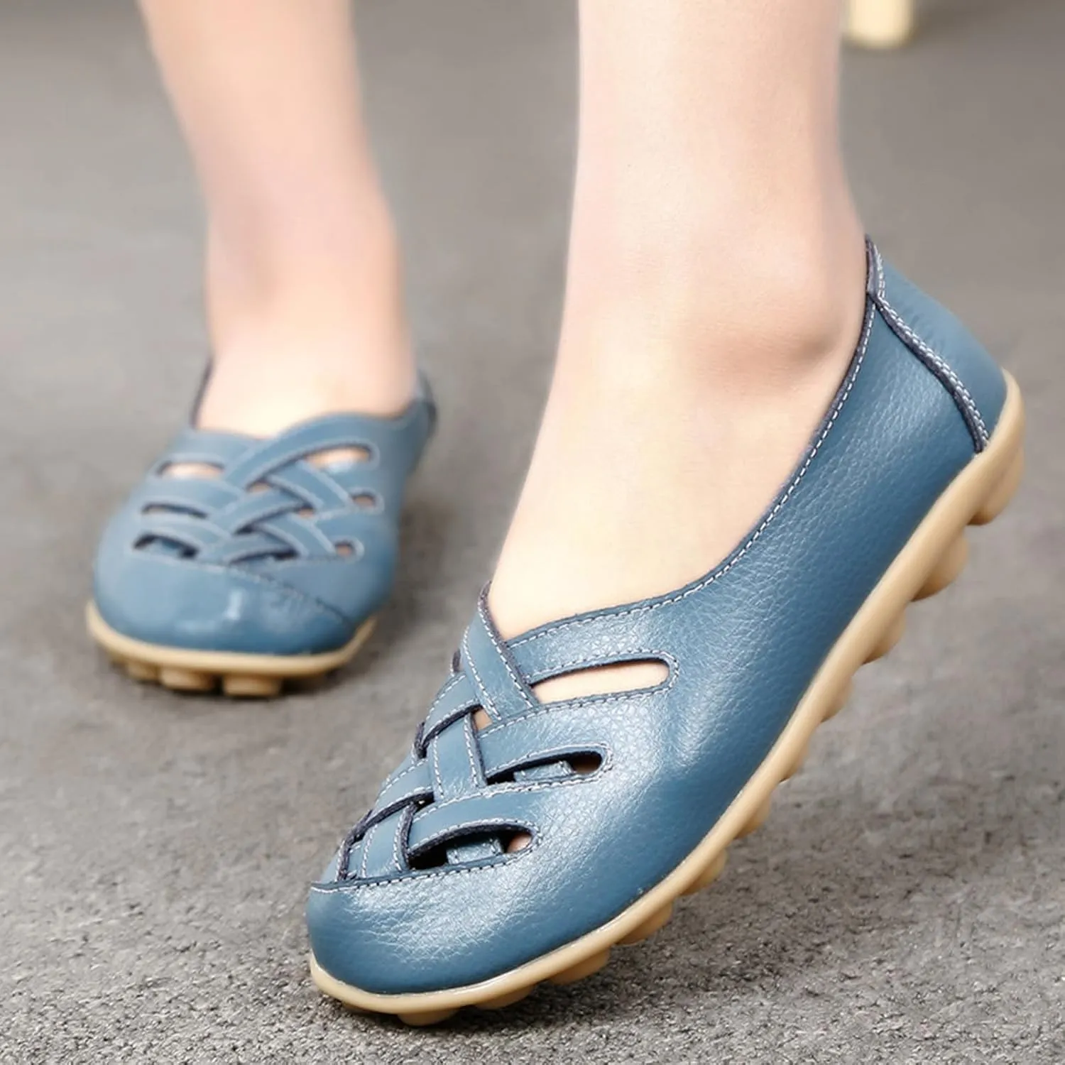 Women's Cowhide Leather Loafers Flat Sandals Comfort Walking Casual Flat Loafer, Classic Driving Shoes Soft Round Toe Slip On Sandals Breathable Outdoor Walking Shoes