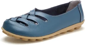 Women's Cowhide Leather Loafers Flat Sandals Comfort Walking Casual Flat Loafer, Classic Driving Shoes Soft Round Toe Slip On Sandals Breathable Outdoor Walking Shoes