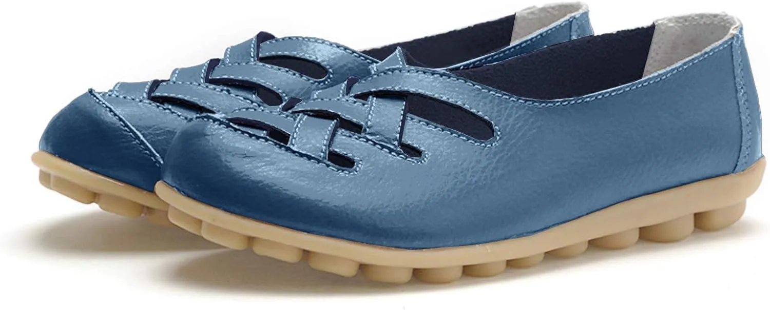 Women's Cowhide Leather Loafers Flat Sandals Comfort Walking Casual Flat Loafer, Classic Driving Shoes Soft Round Toe Slip On Sandals Breathable Outdoor Walking Shoes