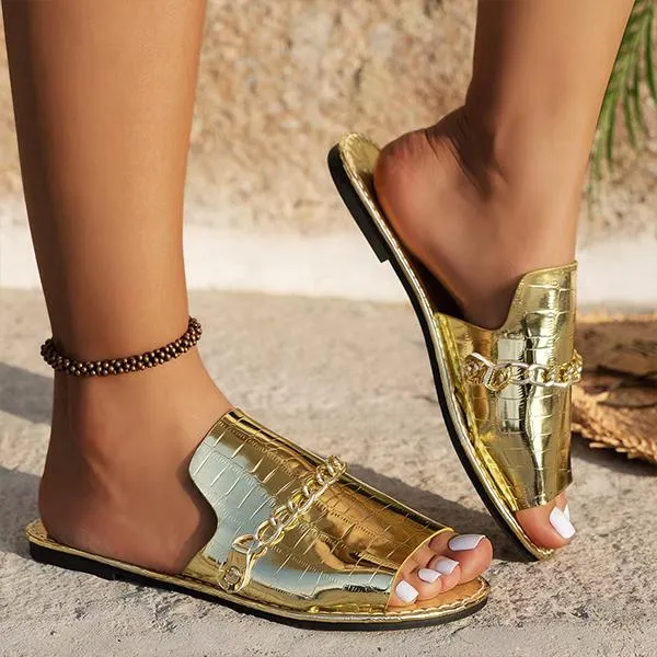 Women's Fashion Chain Stone Pattern Flat Slippers 75310462S