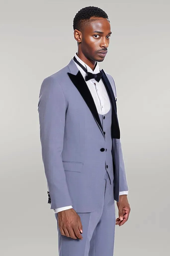 WSS Velvet Lapel Slim Fit Light Blue Men Suit  - Singen