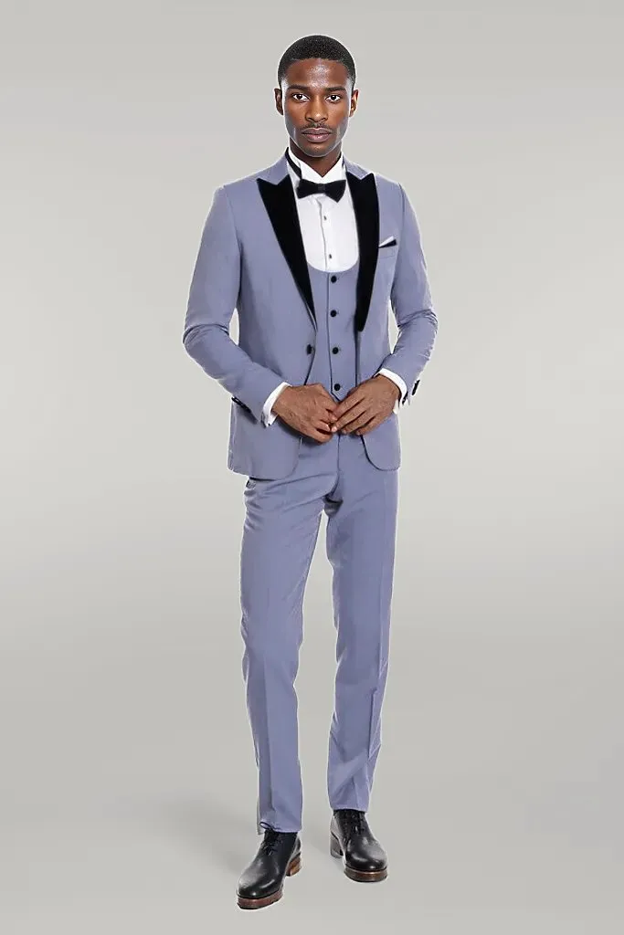 WSS Velvet Lapel Slim Fit Light Blue Men Suit  - Singen