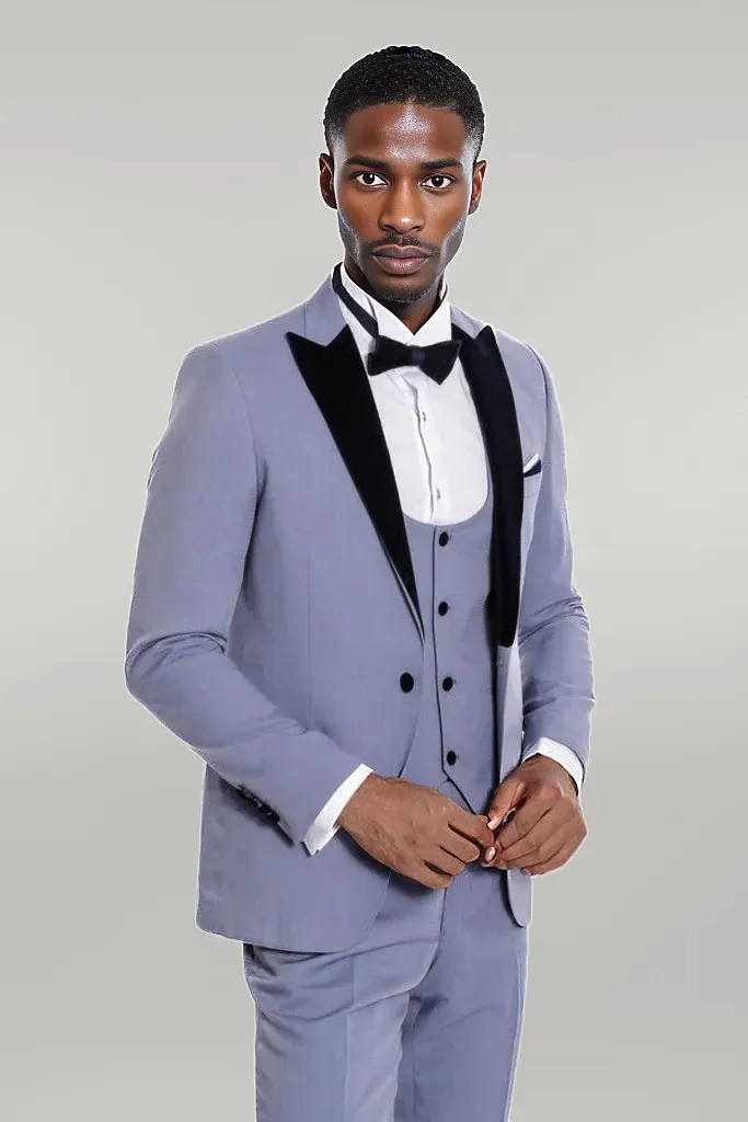 WSS Velvet Lapel Slim Fit Light Blue Men Suit  - Singen