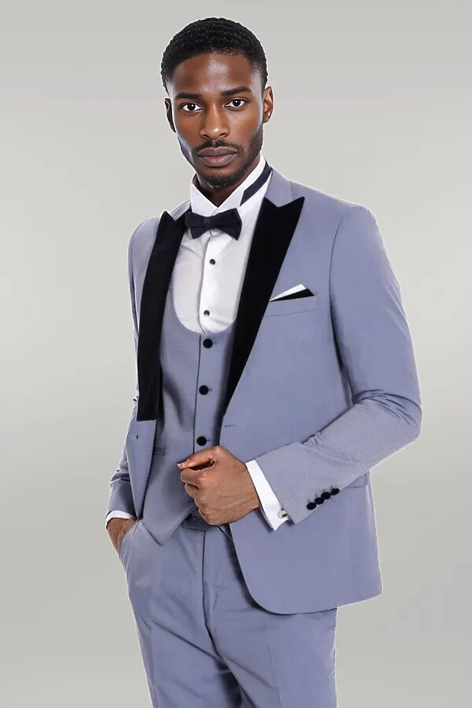 WSS Velvet Lapel Slim Fit Light Blue Men Suit  - Singen