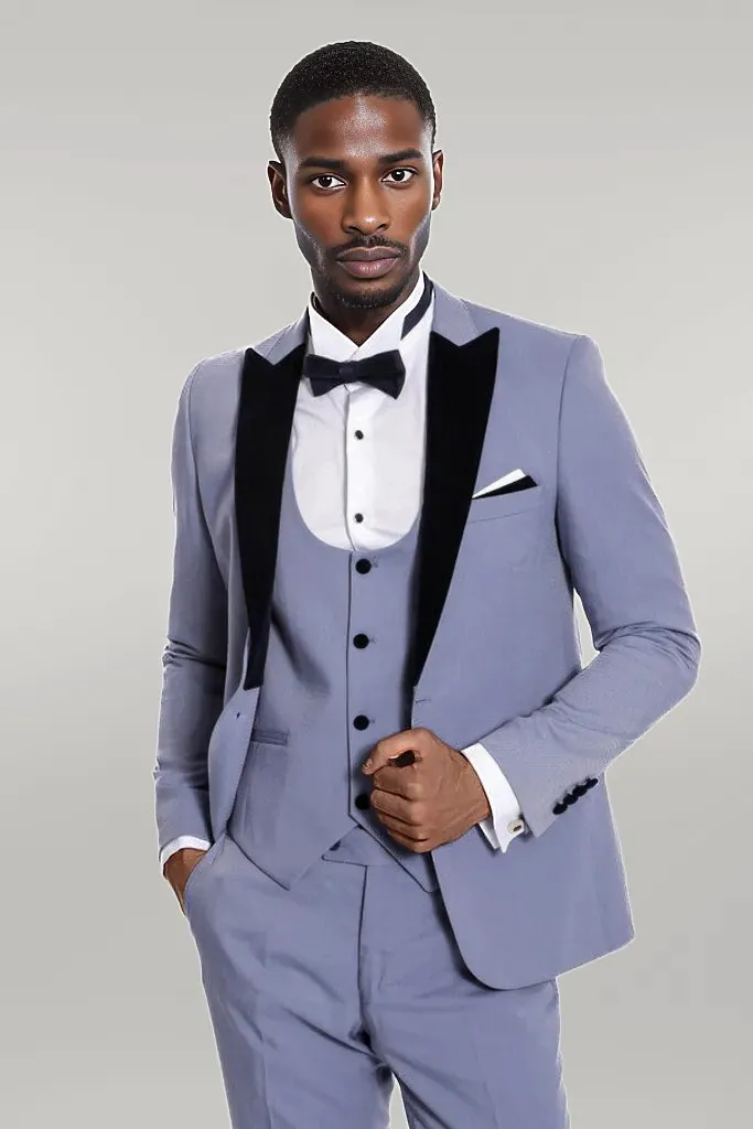WSS Velvet Lapel Slim Fit Light Blue Men Suit  - Singen
